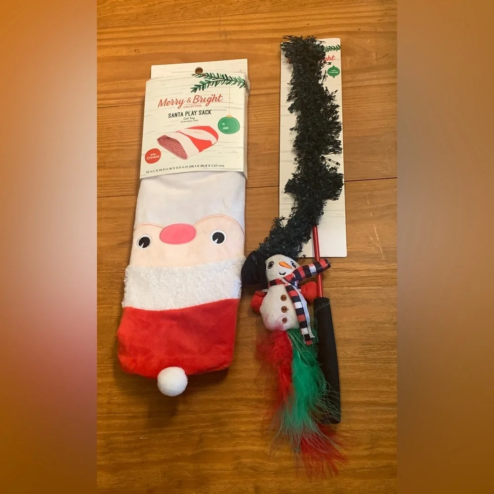 🔴NEW Christmas Cat Toy Santa Play Sack and Feather Snowman Teaser Toy Bundle